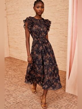 Ulla Johnson Virginia Dress Twilight Floral Ruffle Midi- size 4